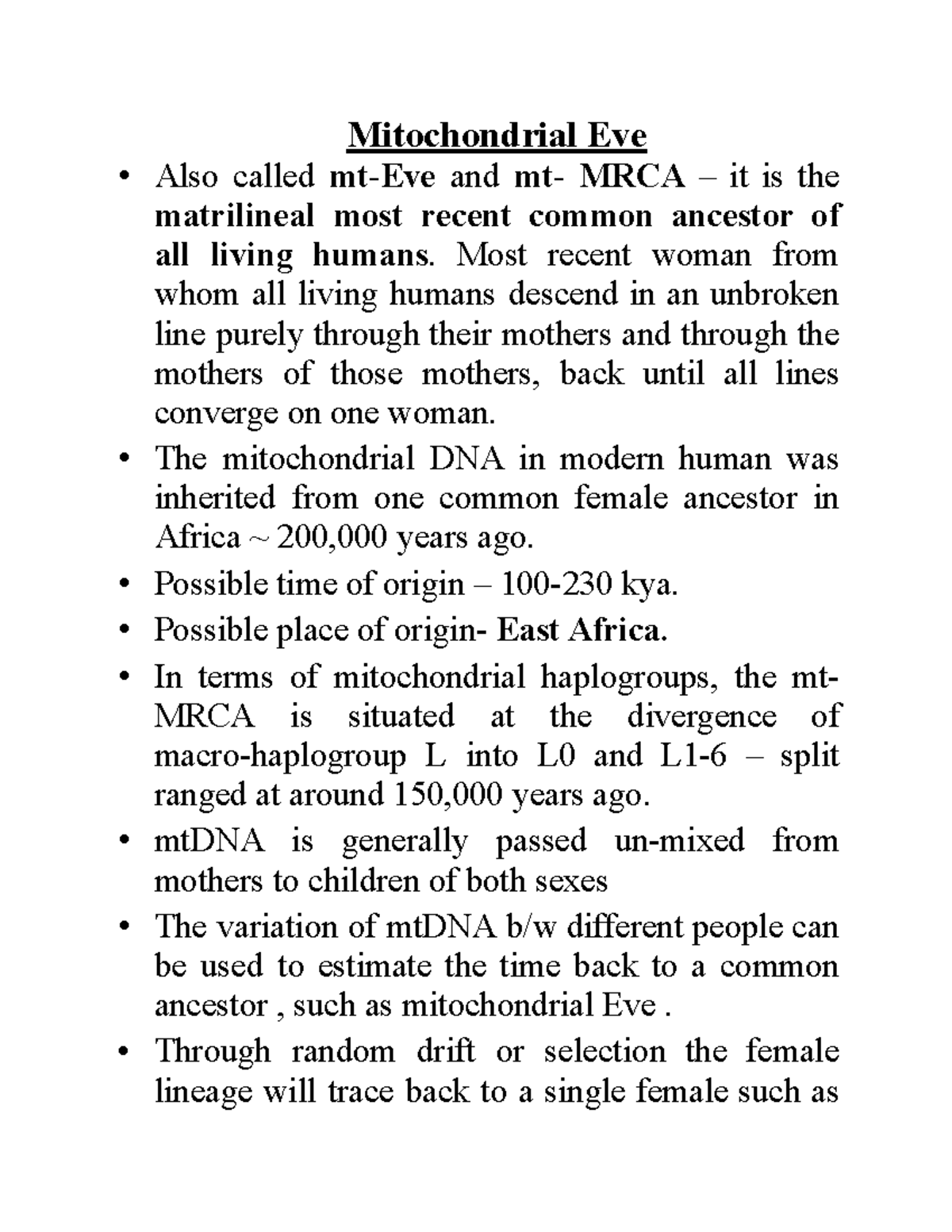 Mitochondrial Eve - Evolution - Mitochondrial Eve Also called mt-Eve ...