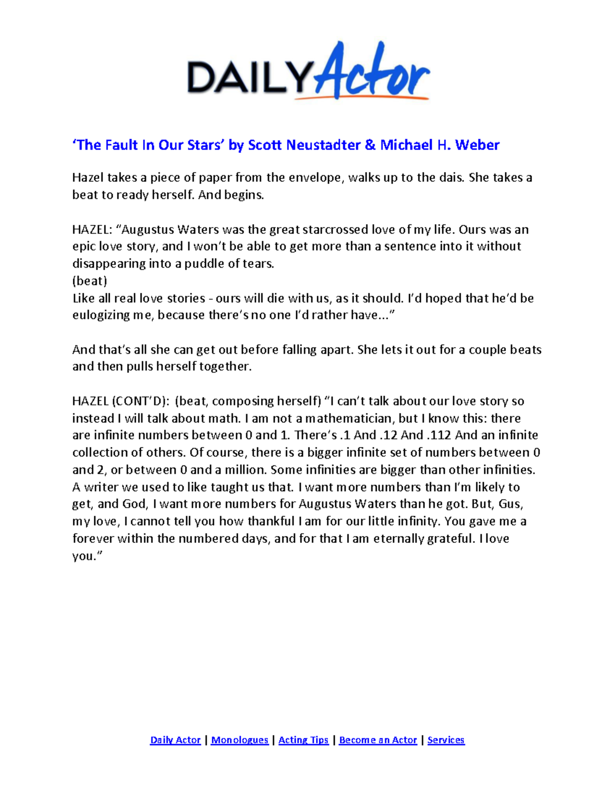 The Fault in our Stars(Hazel) Daily Actor Monologues Acting Tips
