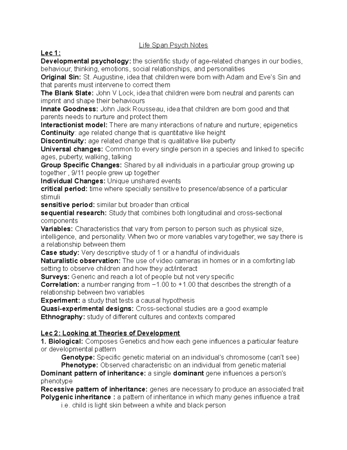 Life Span Psych Notes - Augustine, idea that children were born with ...