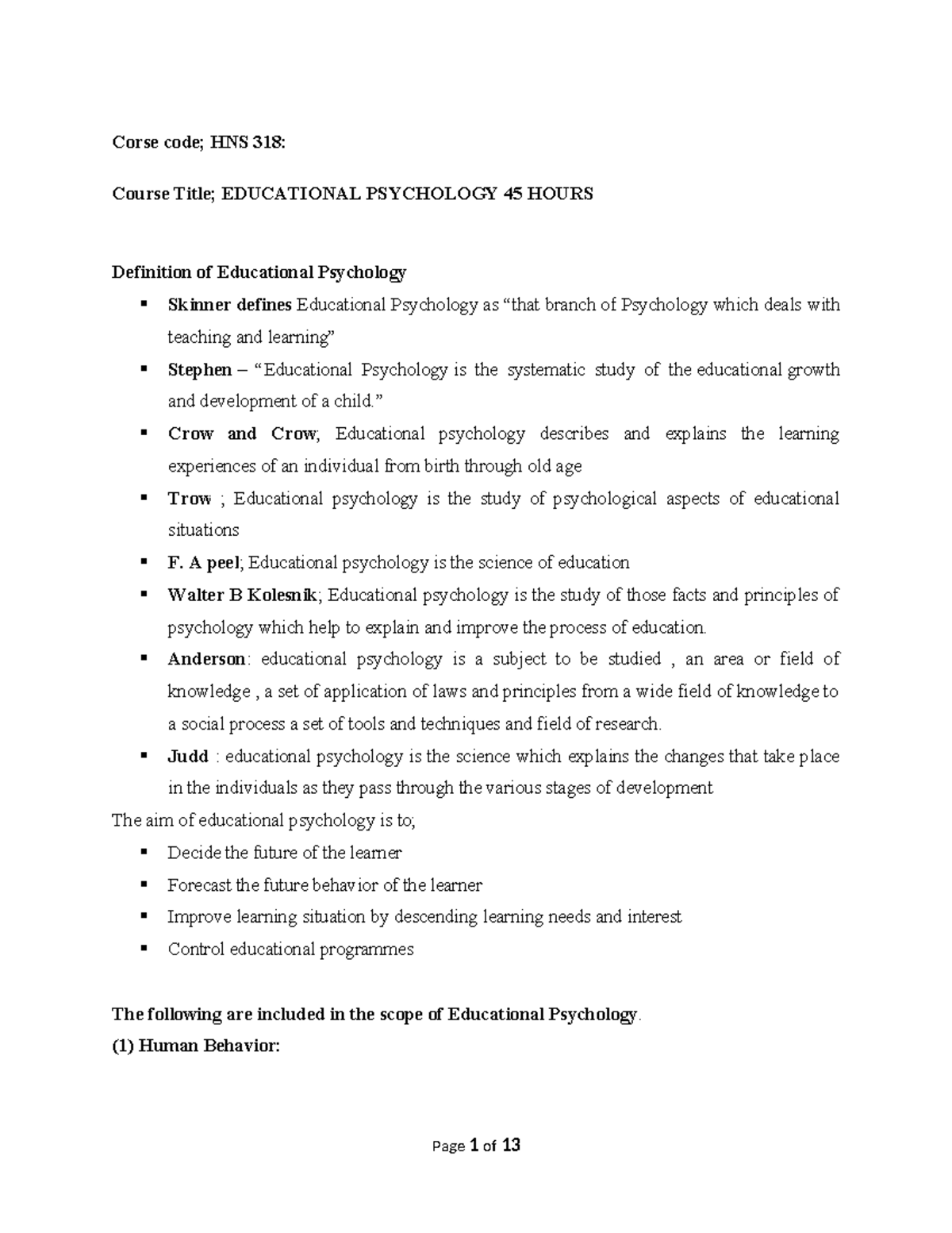 Psychology notes - Corse code; HNS 318: Course Title; EDUCATIONAL ...
