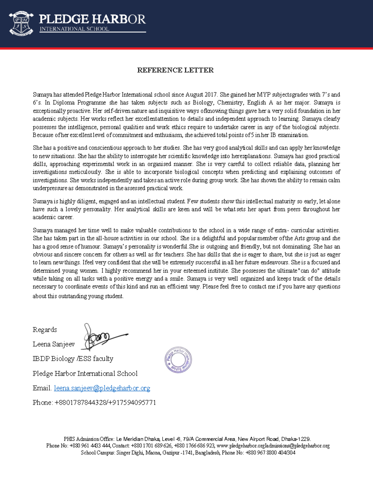 Recommendation letter. BIO - REFERENCE LETTER Sumaya has attended ...