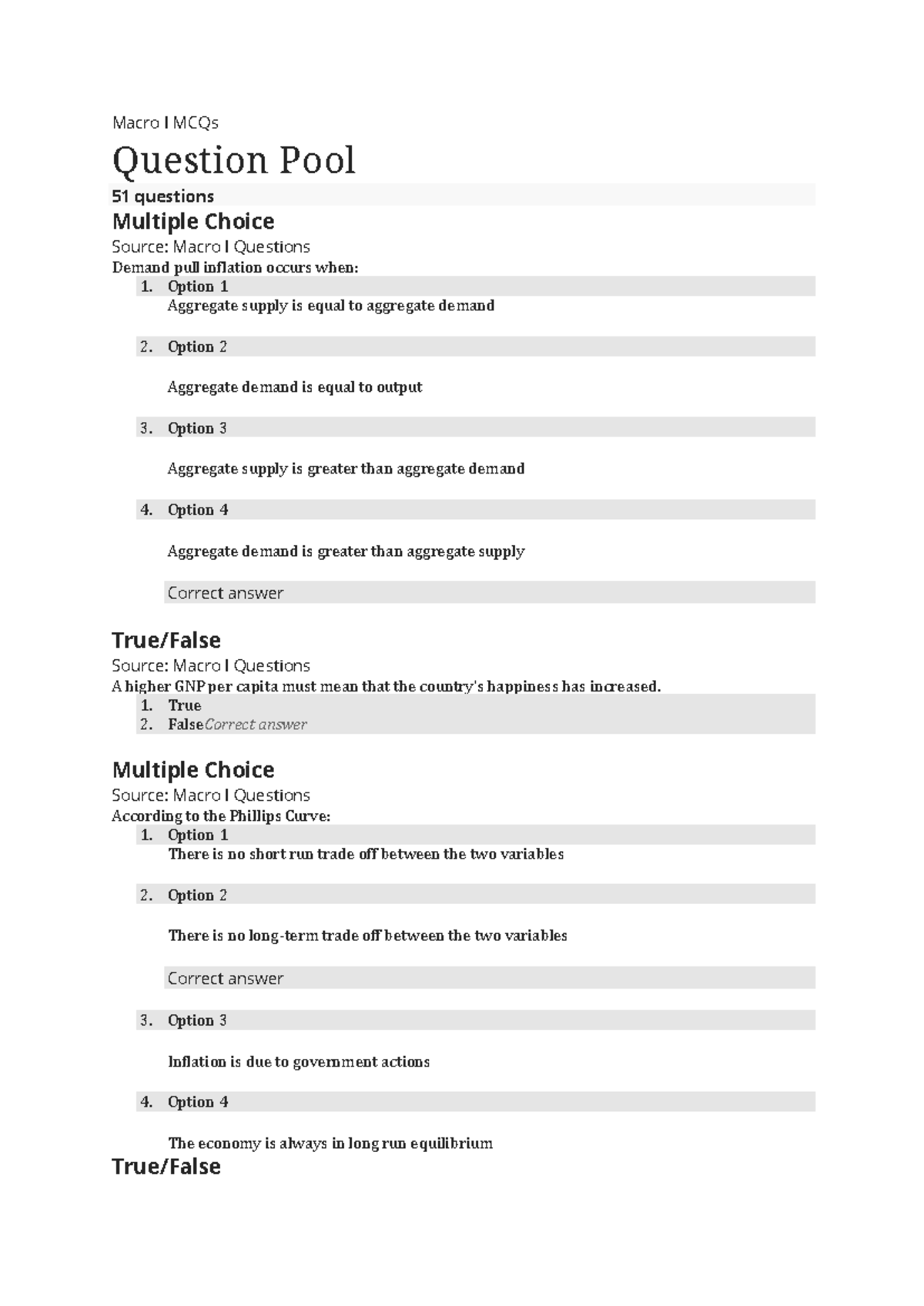 Eco 3 - Macro I MCQs Question Pool 51 questions Multiple Choice Source ...