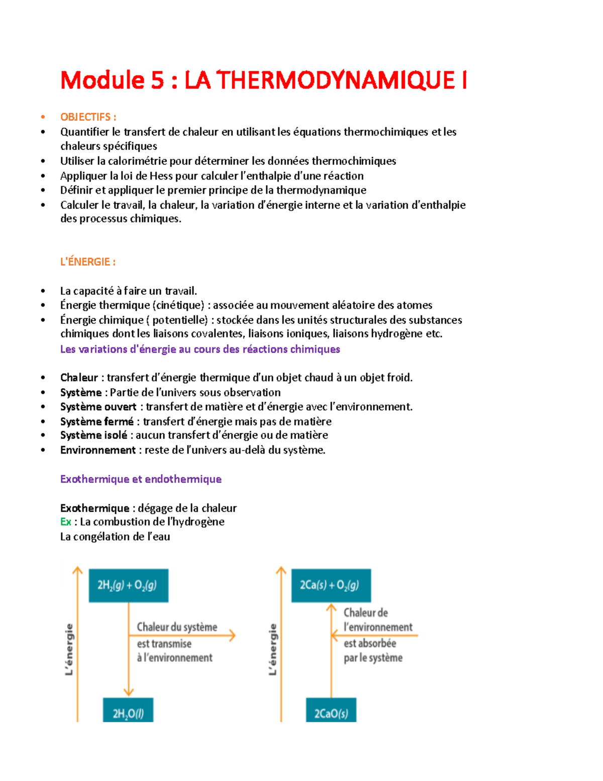 Module 5 LA Thermodynamique I - • OBJECTIFS : Quantifier le transfert ...