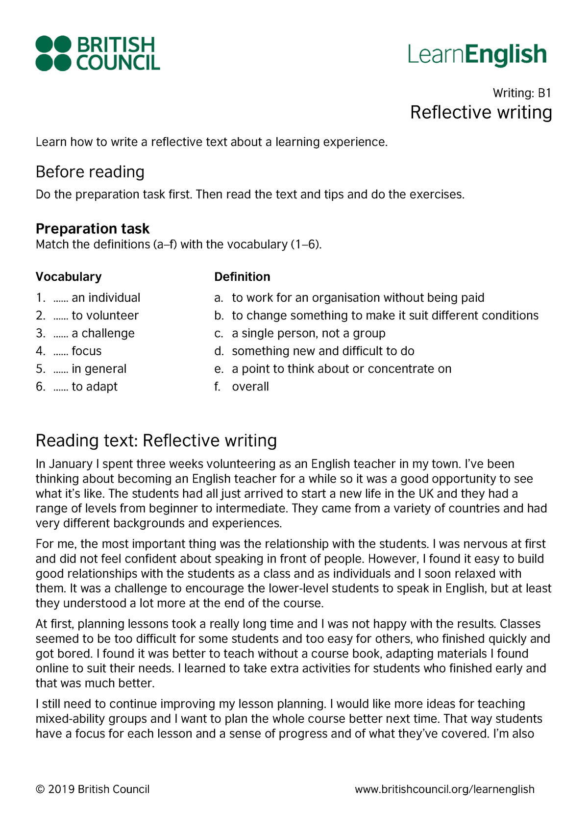 Learn English Writing B1 Reflective Writing - Writing: B Reflective ...