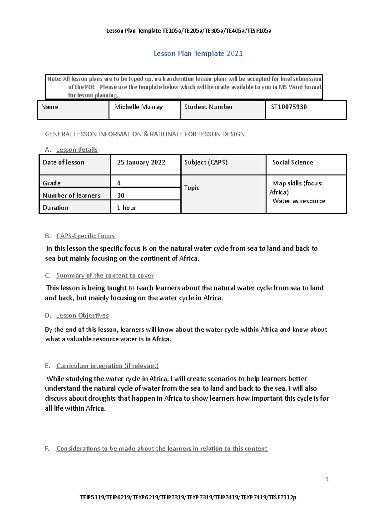 IPTL Assignment - Lesson Plan Template 2021 Note: All lesson plans are ...