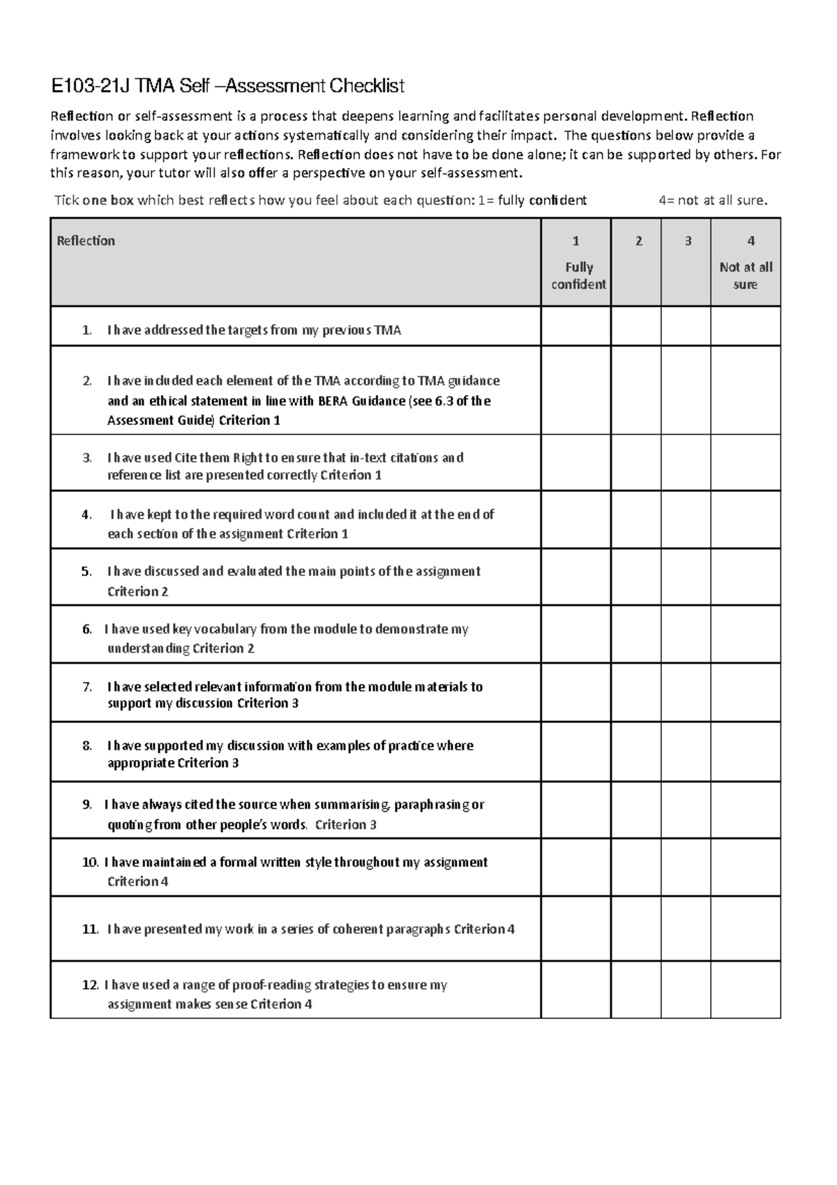 E103 TMA Self Assessment Checklist - E103-21J TMA Self –Assessment ...