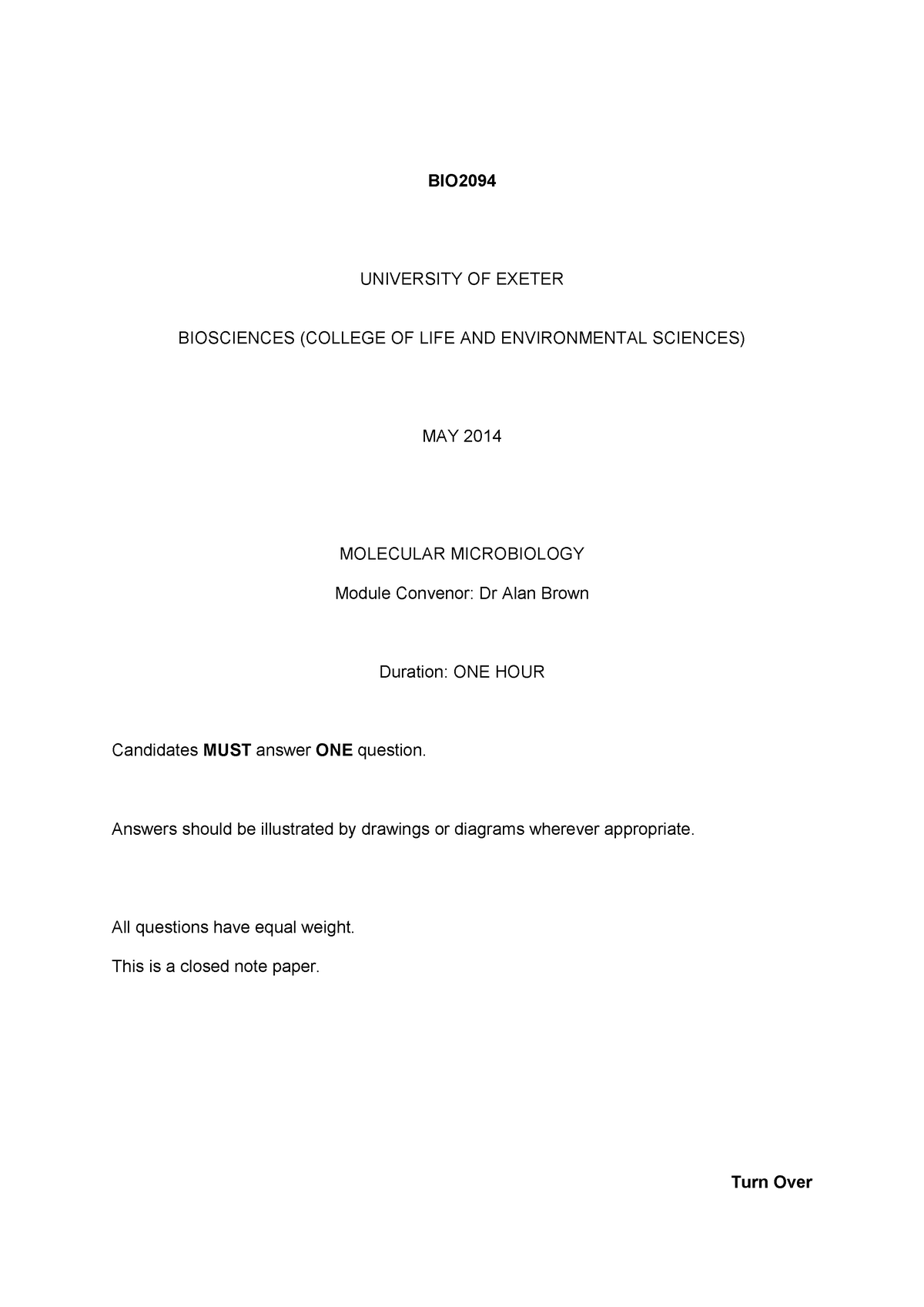 Exam 10 May 2014 Questions Bio2094 University Of Exeter Biosciences College Of Life And 