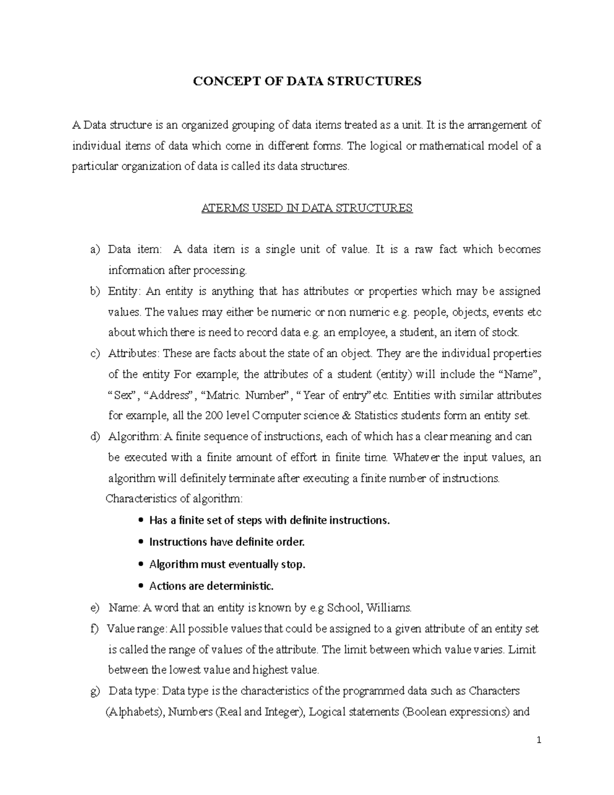 DATA Structure MAT CONCEPT OF DATA STRUCTURES A Data structure is an