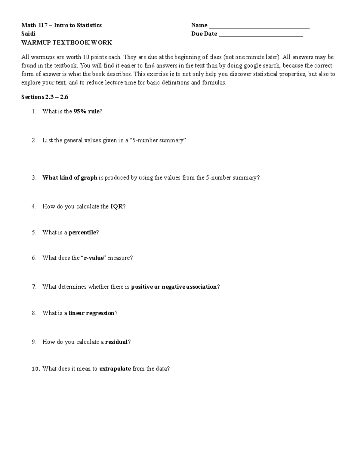 Math 117 warmup chapter 2.3 - 2 - Math 117 – Intro to Statistics Saidi ...