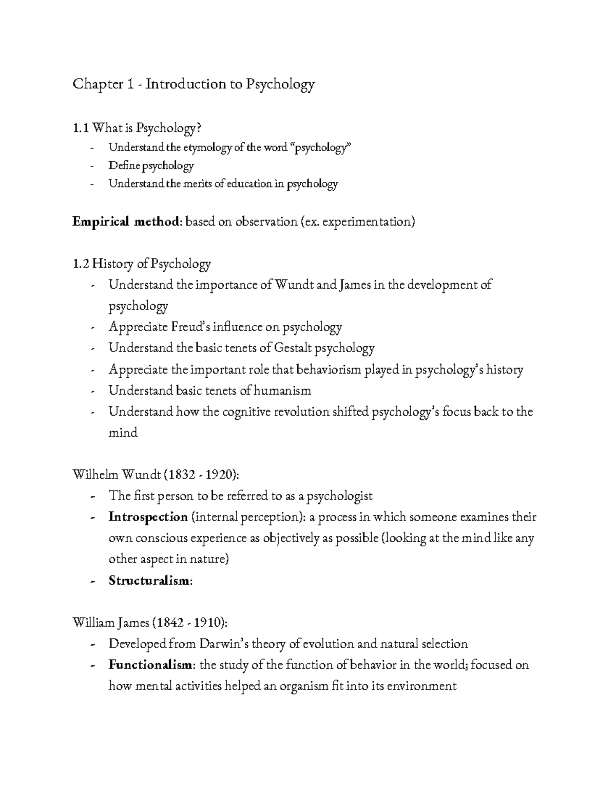 Chapter 1 Notes - Chapter 1 - Introduction To Psychology 1 What Is ...