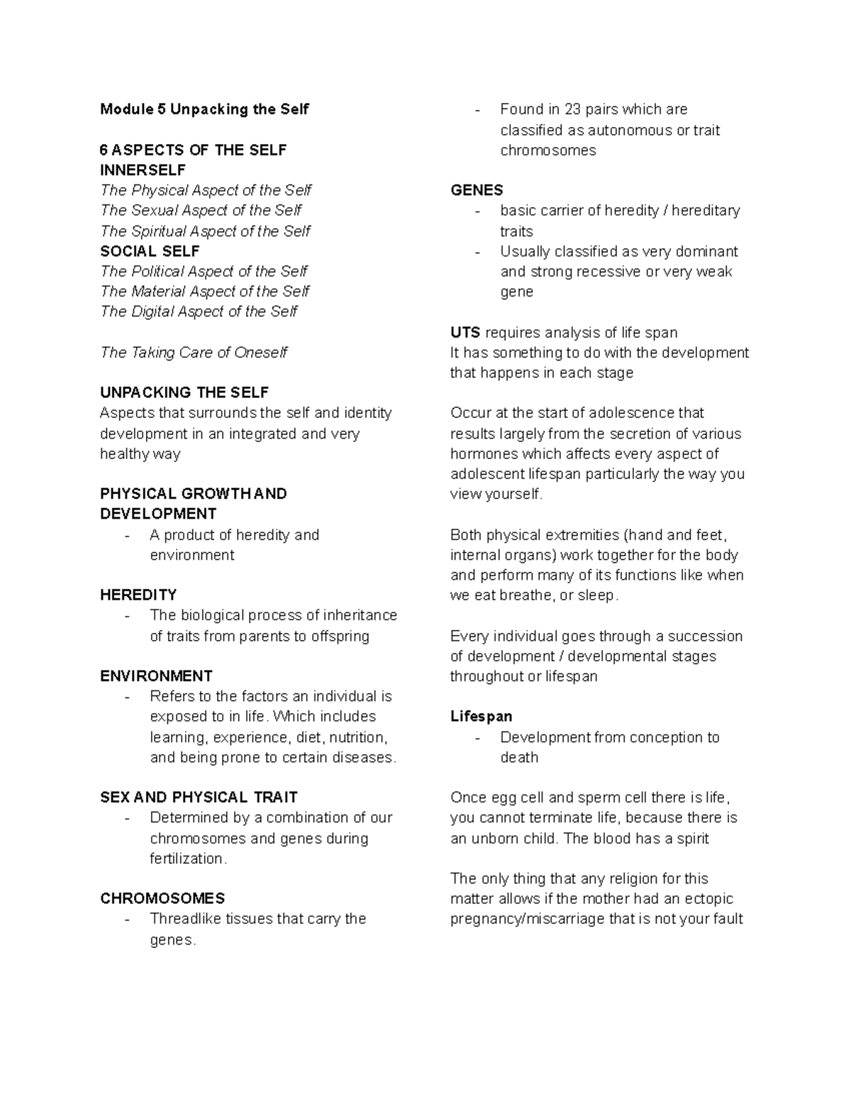 UTS - Unpacking The Self - Module 5 Unpacking The Self 6 ASPECTS OF THE ...