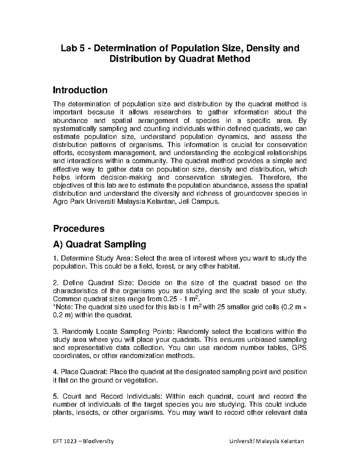 Lab 5 Manual Biodiversity (25 May 2024) Lab 5 Determination of Population Size, Density