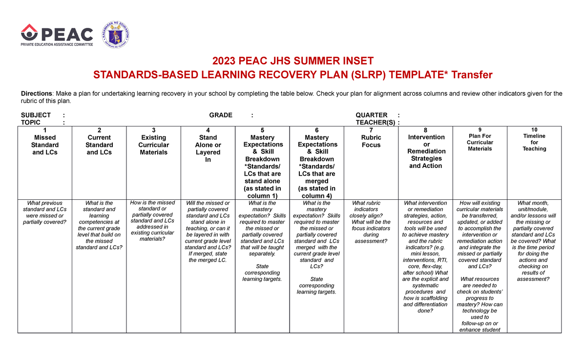HO S2.7 SLRP Blank Template for Transfer - 2023 PEAC JHS SUMMER INSET ...
