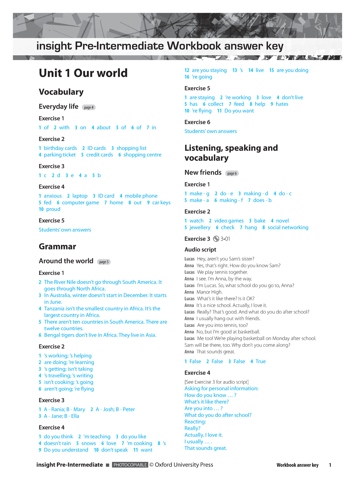 Insight pre int workbook answerkey - insight Pre-Intermediate PHOTOCOPIABLE  © Oxford University - Studocu