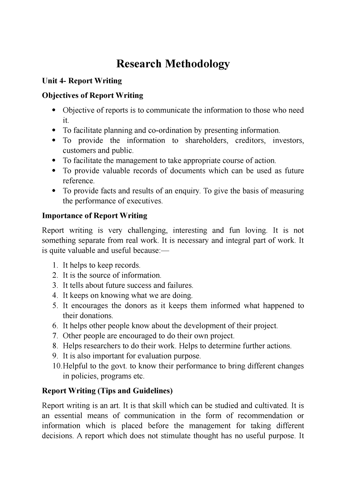 contents of report writing in research methodology