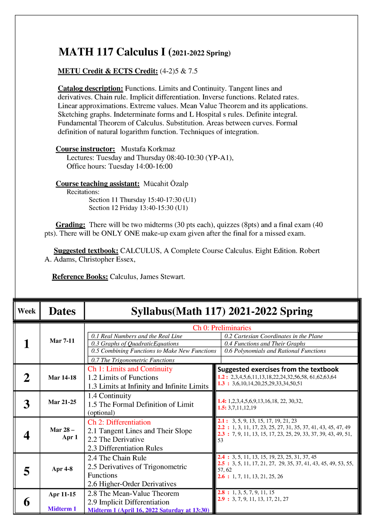 MATH 117 Syllabus Spring 2022 - MATH 117 Calculus I (2021-2022 Spring ...