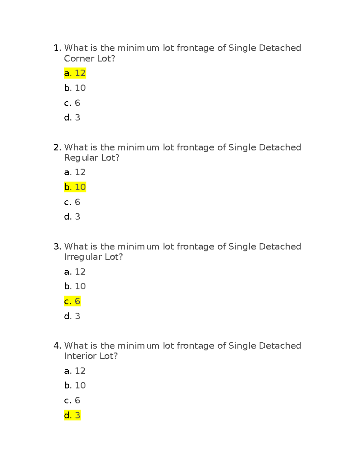 BP 957 QUIZ practice What is the minimum lot frontage of Single