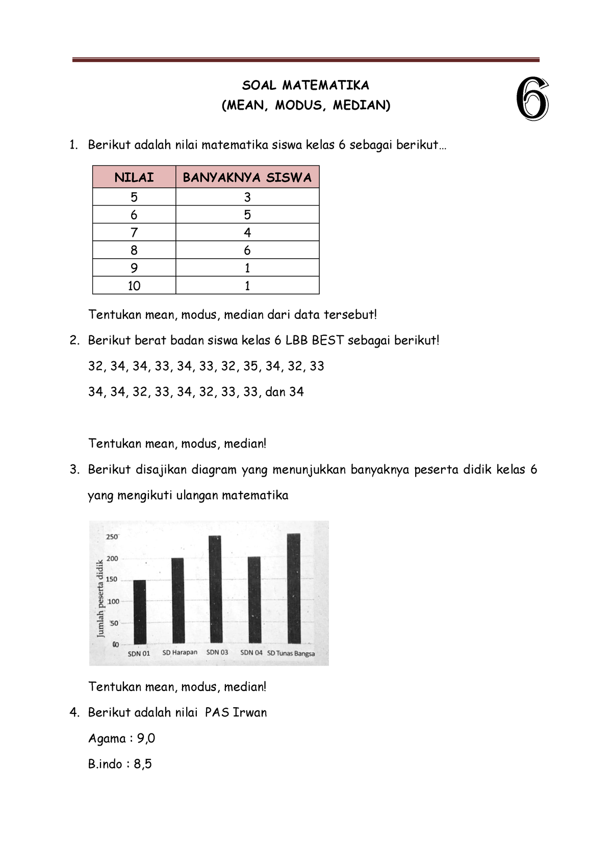 Soal Matematika Mean Modus Median Kelas 6-0afc0-3411 558 - SOAL ...