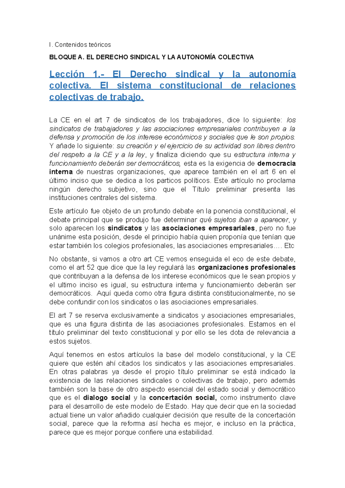 Tema 1 Sindical - I. Contenidos Teóricos BLOQUE A. EL DERECHO SINDICAL ...