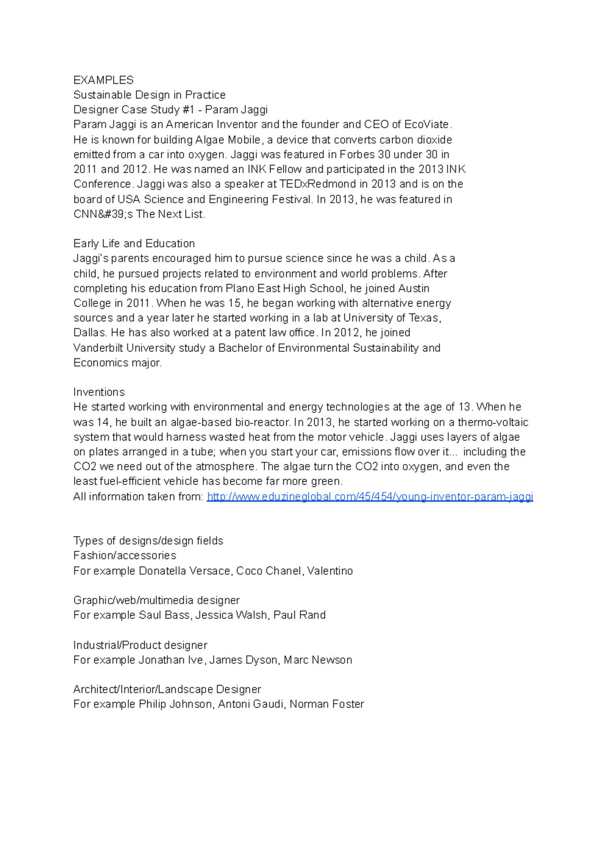 Dt notes - EXAMPLES Sustainable Design in Practice Designer Case Study ...