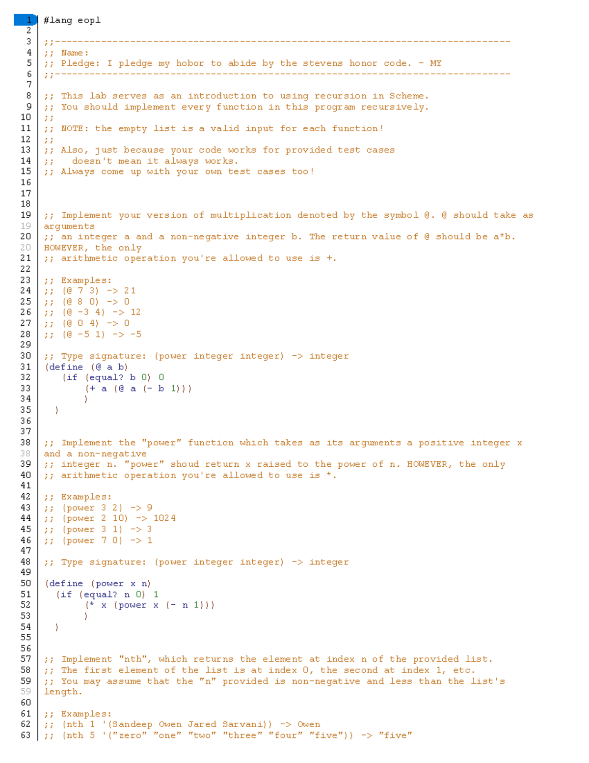 Lab 3 Recursive Functions - #lang eopl ;;- ;; Name: ;; Pledge: I pledge ...