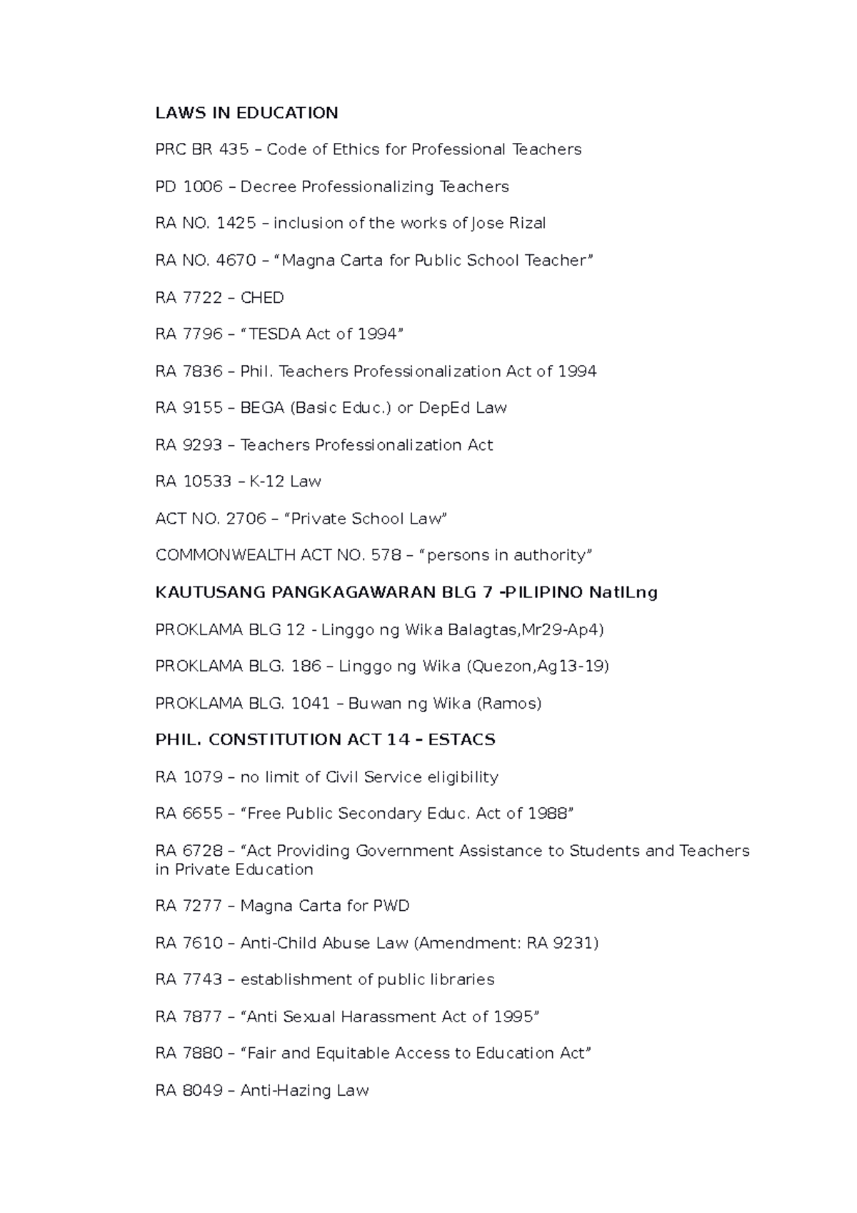 LAWS IN Education LAWS IN EDUCATION PRC BR 435 Code of Ethics for