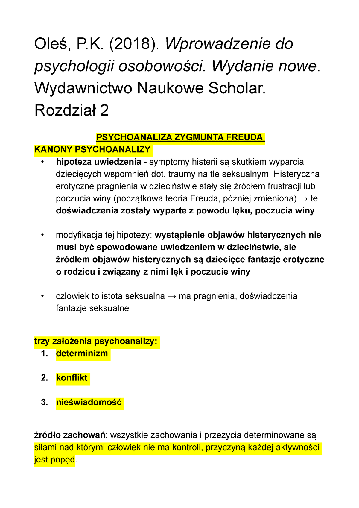 Psych Oso 1 - Oleś, P. (2018). Wprowadzenie Do Psychologii Osobowości ...