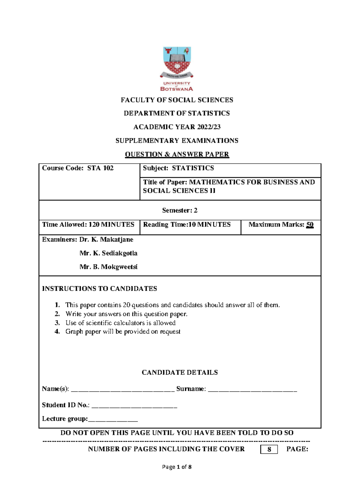 STA 102 Supplementary Examination 2023 240526 082911 FACULTY