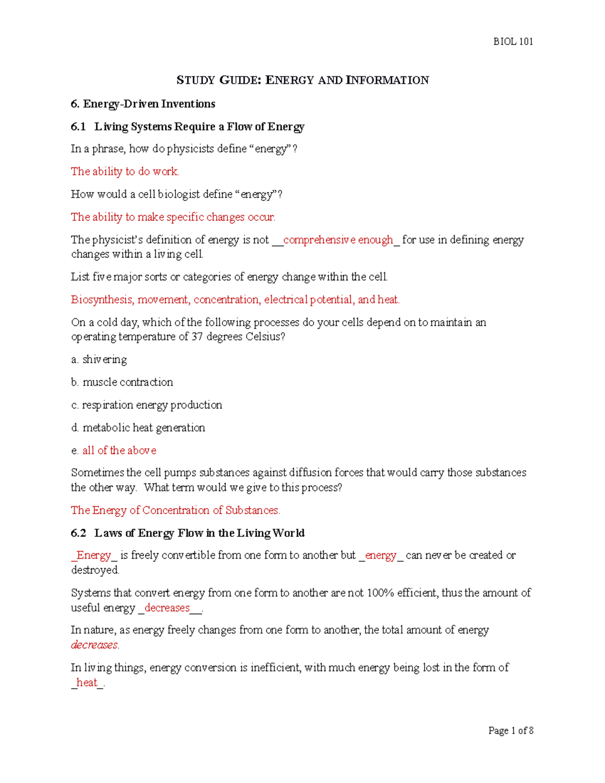 Energy and Information Study Guide - STUDY GUIDE: ENERGY AND ...