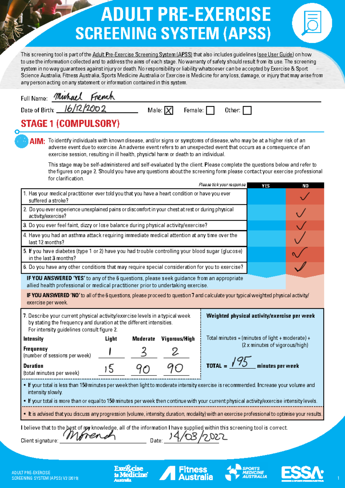 Pre-ex screening tool (Page 1 only) - 1 ADULT PRE-EXERCISE SCREENING ...