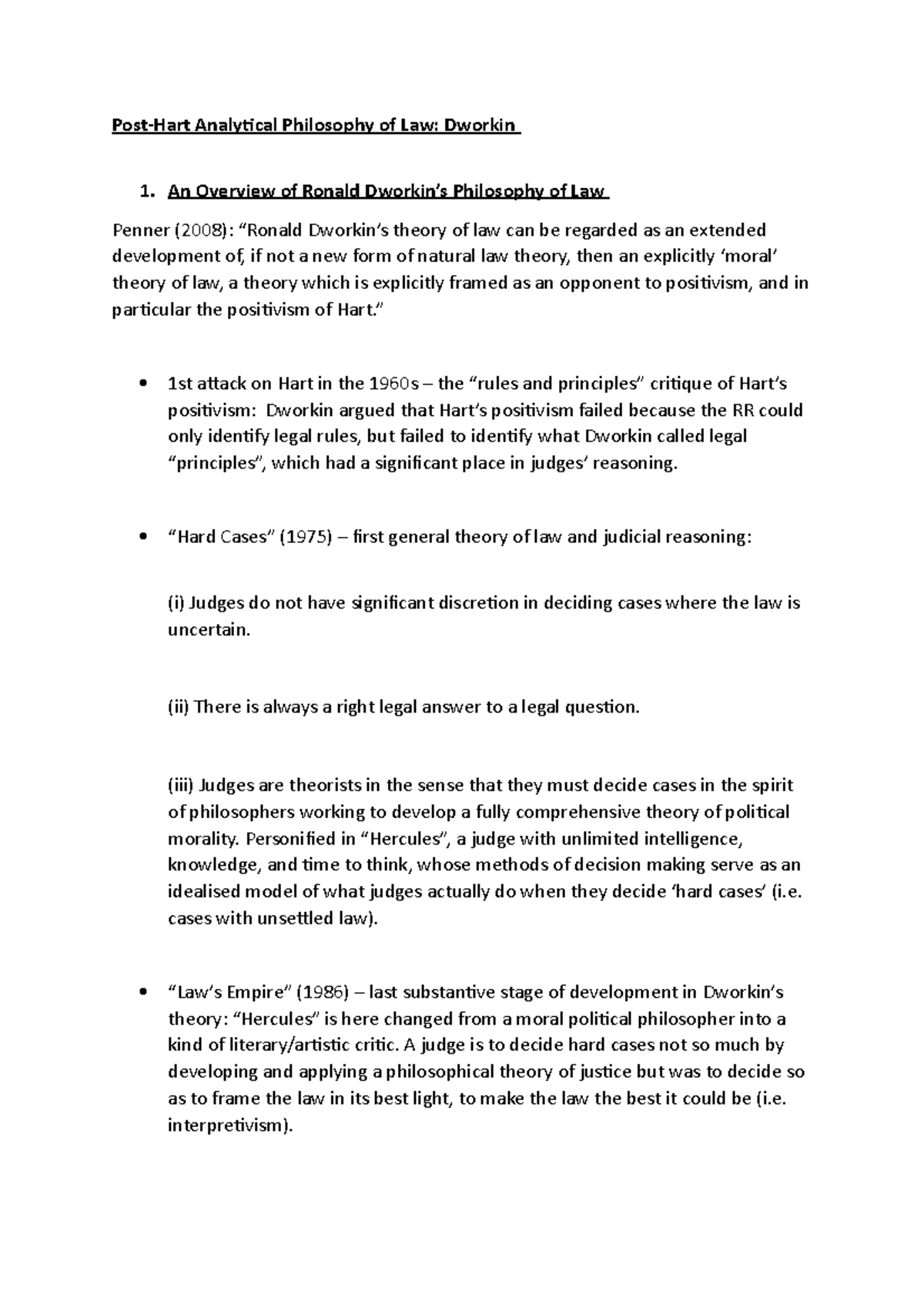 Ronald Dworkin PostHart Analytical Philosophy of Law Dworkin An