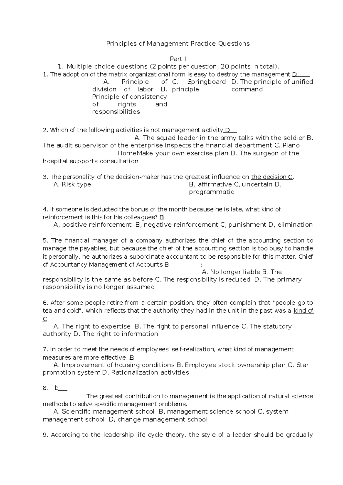 Principles Of Management Practice Questions - Multiple Choice Questions ...