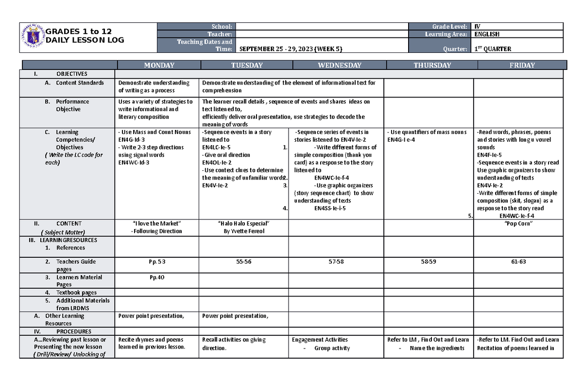 DLL English 4 Q1 W5 - An instructional guide for teachers - GRADES 1 to ...