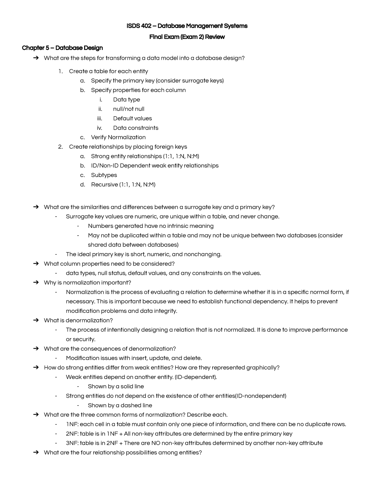 ISDS 402 Final Study Guide - ISDS 402 – Database Management Systems ...