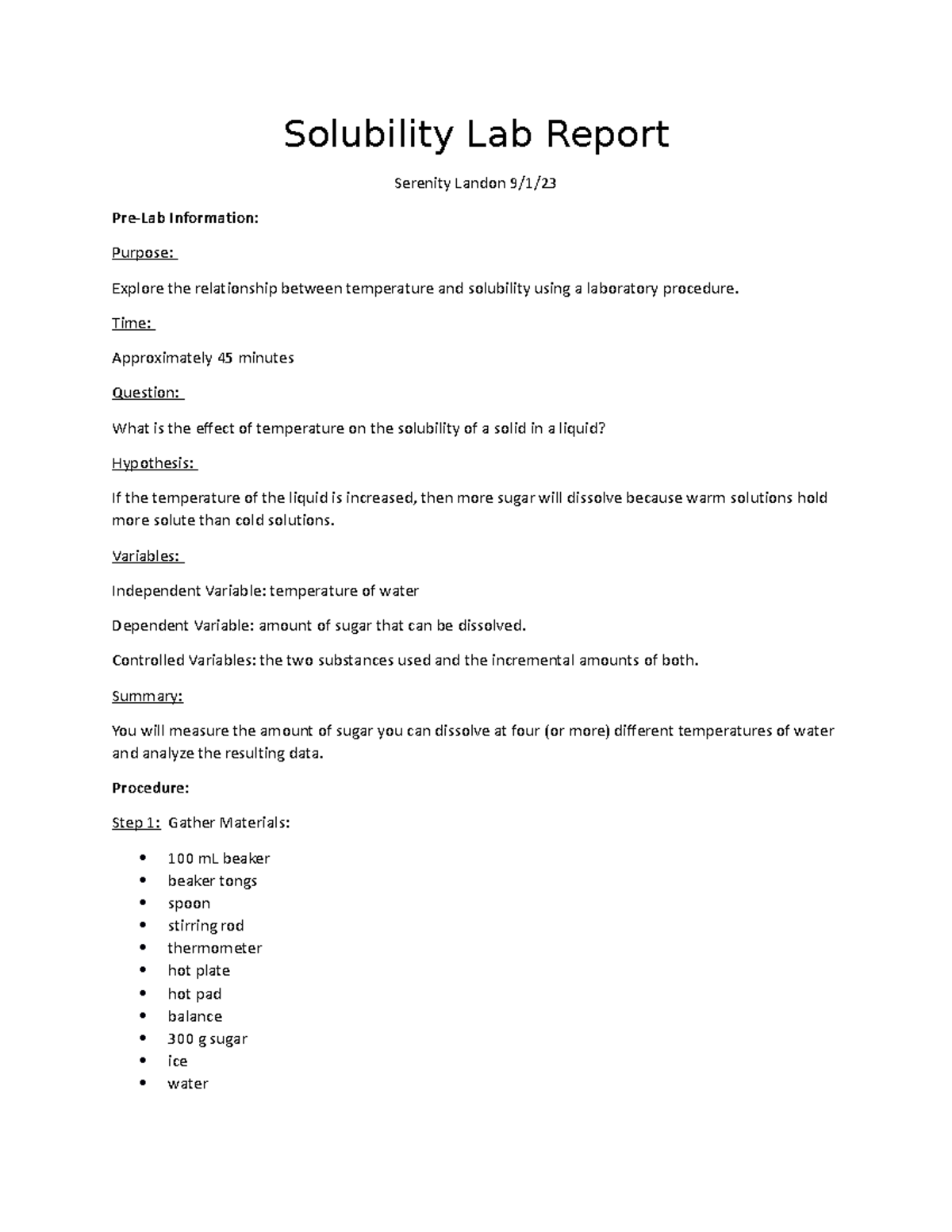 Solubility Lab Report Solubility Lab Report Serenity Landon 9/1/ Pre