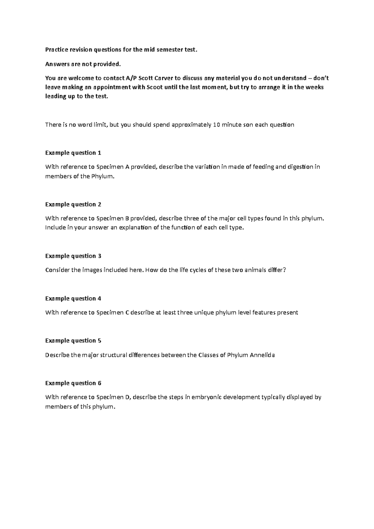 Practice Revision Questions For The Mid Semester Test - Answers Are Not ...