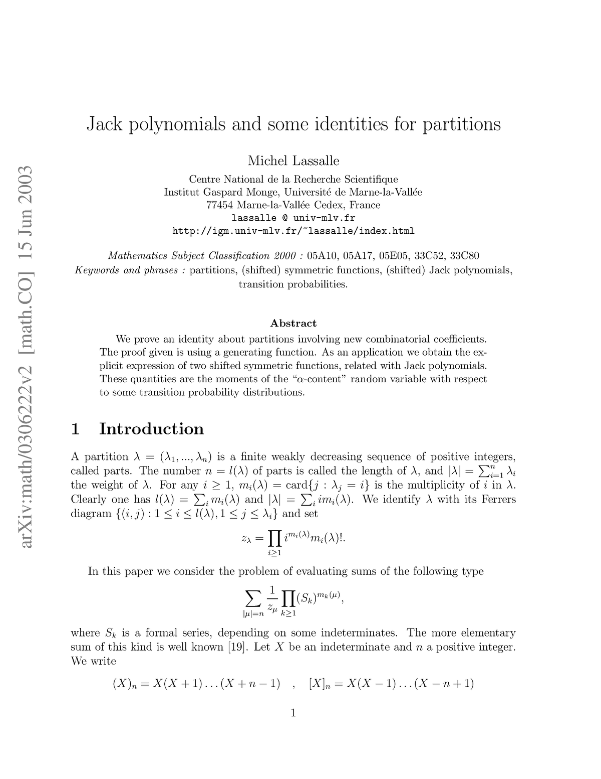 0306222 - Cours - ArXiv:math/0306222v2 [math] 15 Jun 2003 Jack ...