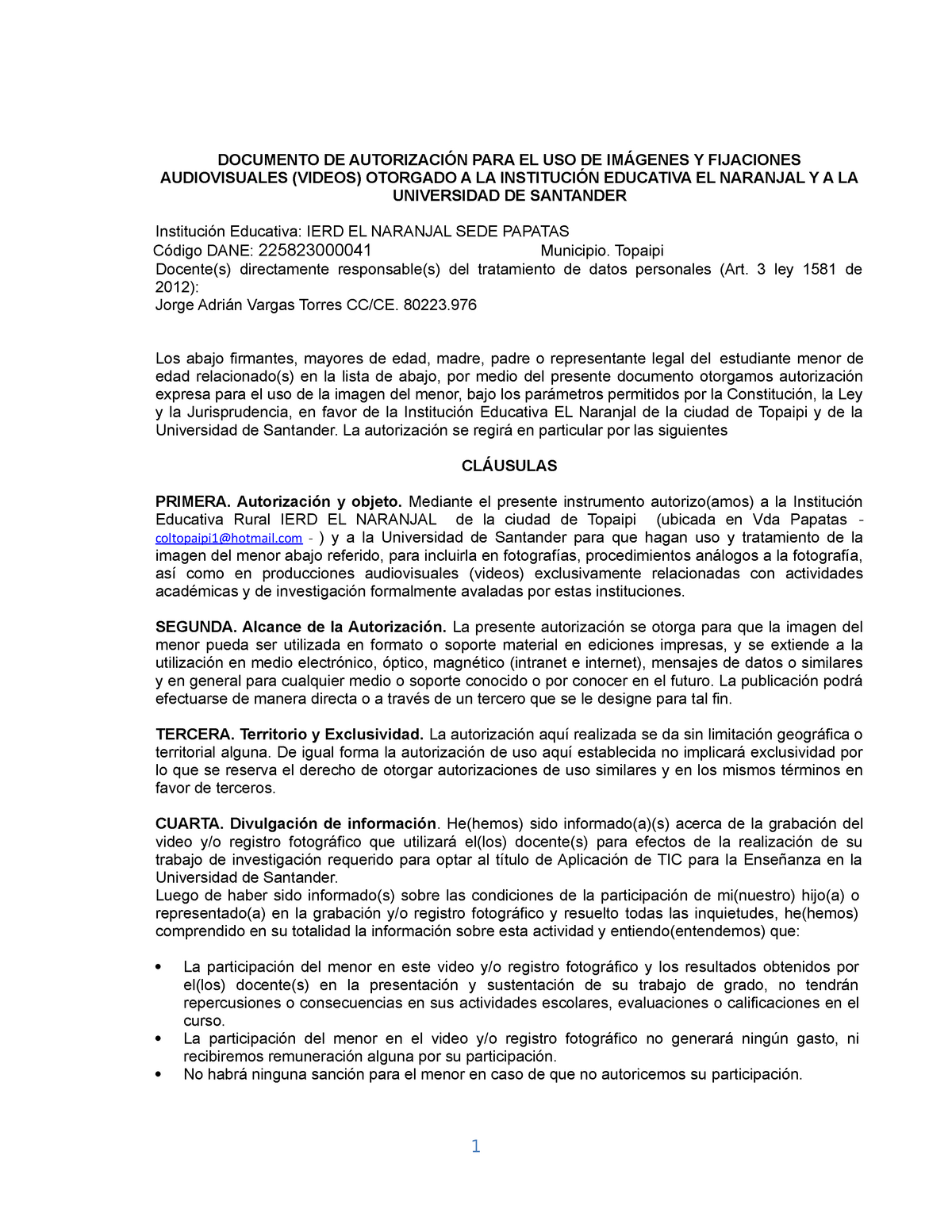 Documento DE Autorización PARA EL USO DE Imágenes Y Fijaciones  Audiovisuales - DOCUMENTO DE - Studocu