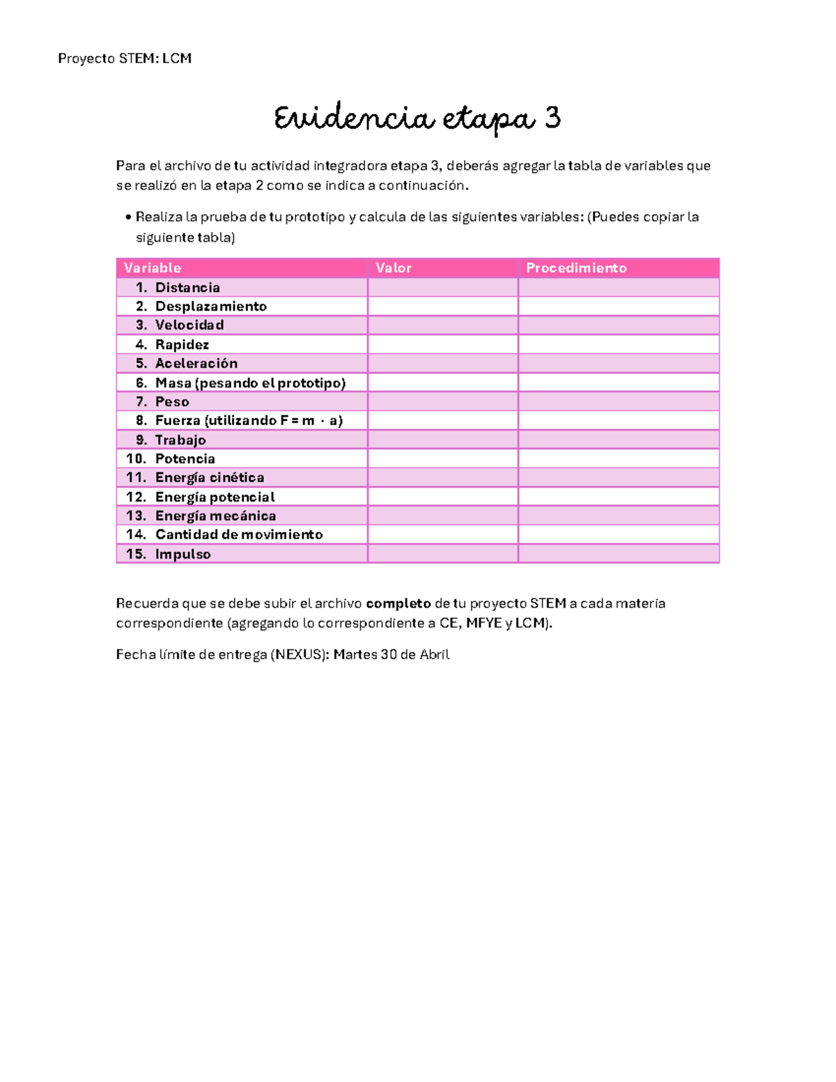 Instrucciones evidencia STEM 3 LCM - Proyecto STEM: LCM Evidencia etapa ...