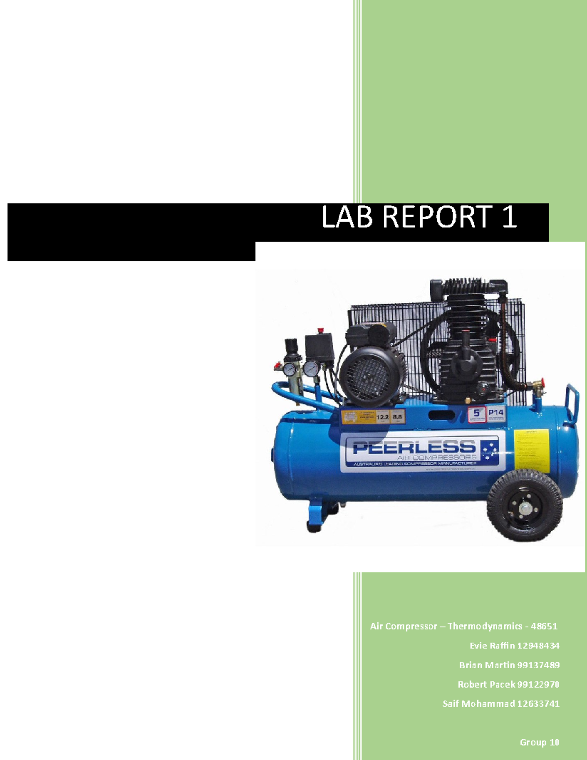 Lab Report Group 10 Air Compressor LAB REPORT 1 Air Compressor