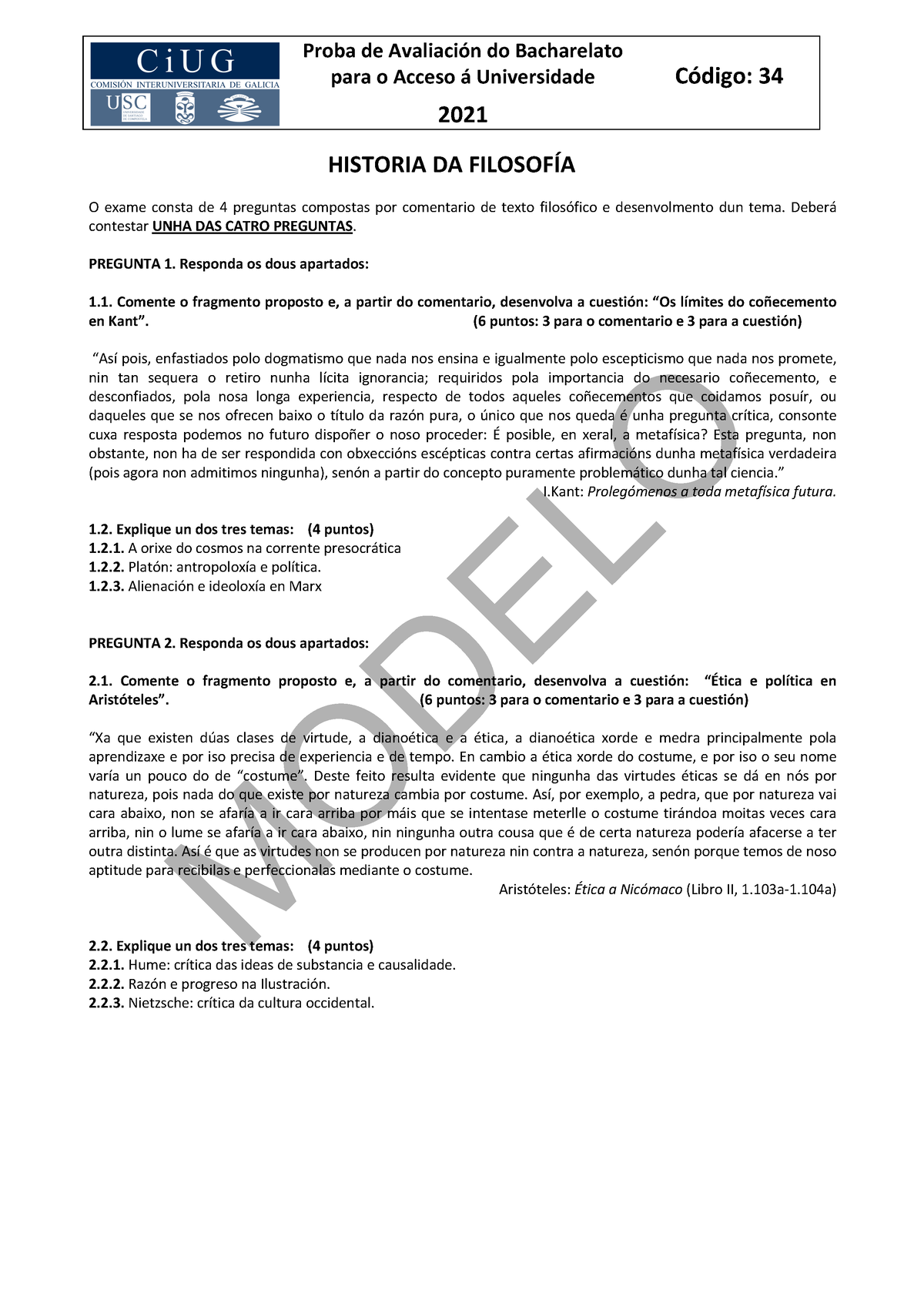 Modelo Examen - Abau - Para O Acceso á Universidade 2021 Código: 34 ...