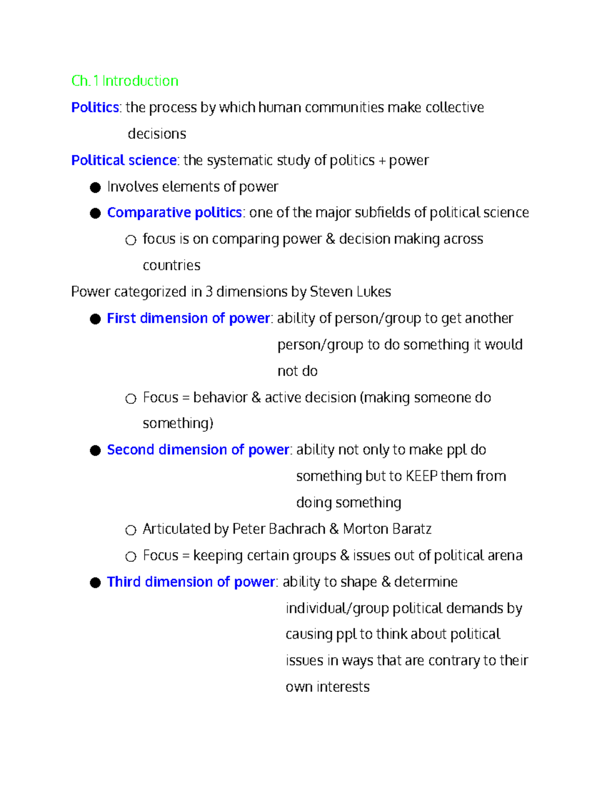 Comparative Politics/IR Notes - Ch. 1 Introduction Politics : the ...