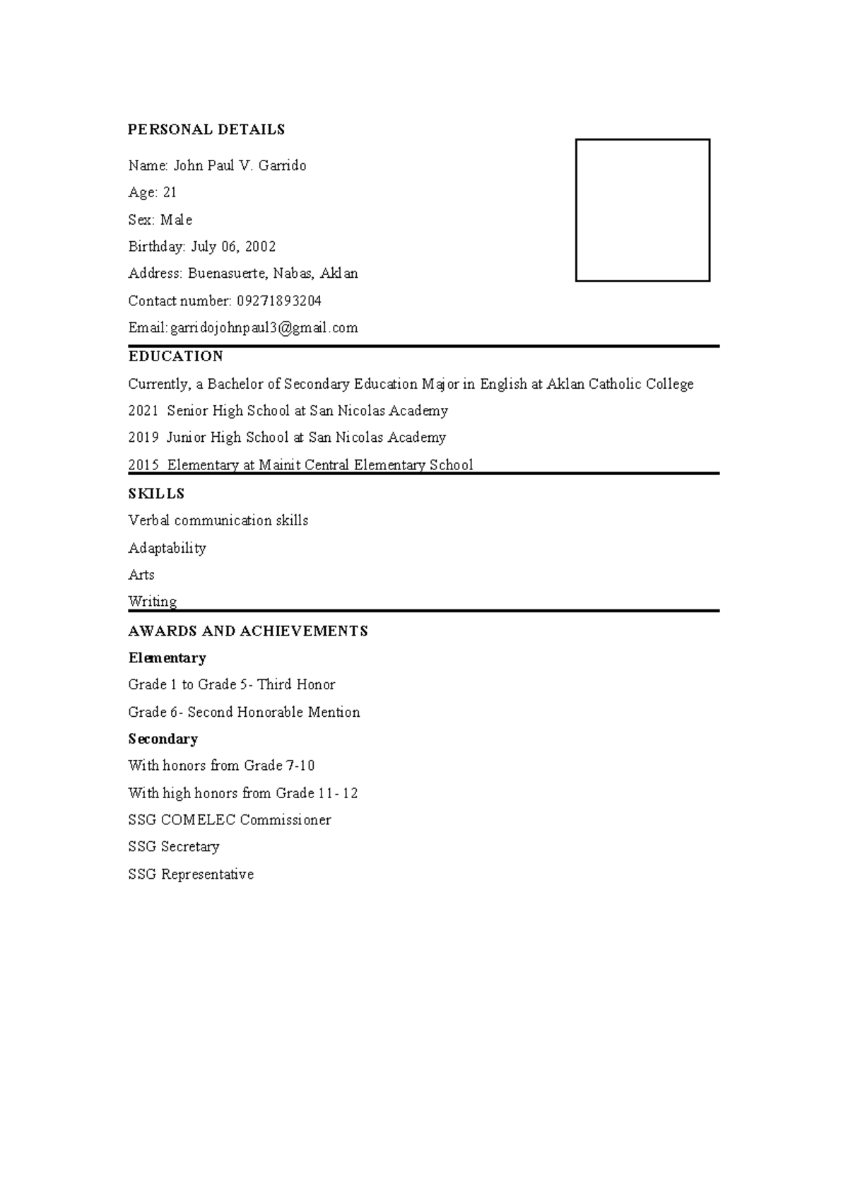 Personal-details - Lecture notes for prof ed - PERSONAL DETAILS Name ...