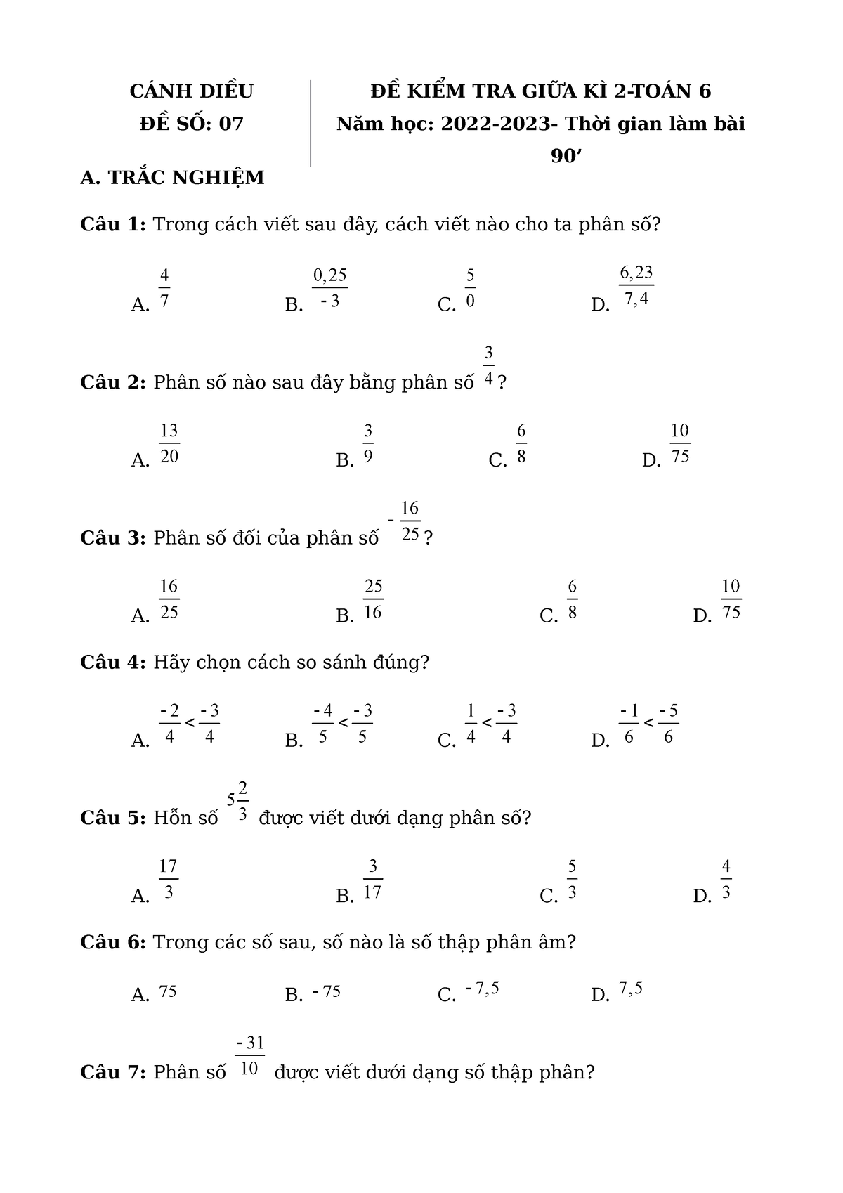 TOÁN LỚP SAU ĐÓ NHA - CÁNH DIỀU ĐỀ SỐ: 07 ĐỀ KIỂM TRA GIỮA KÌ 2-TOÁN 6 ...