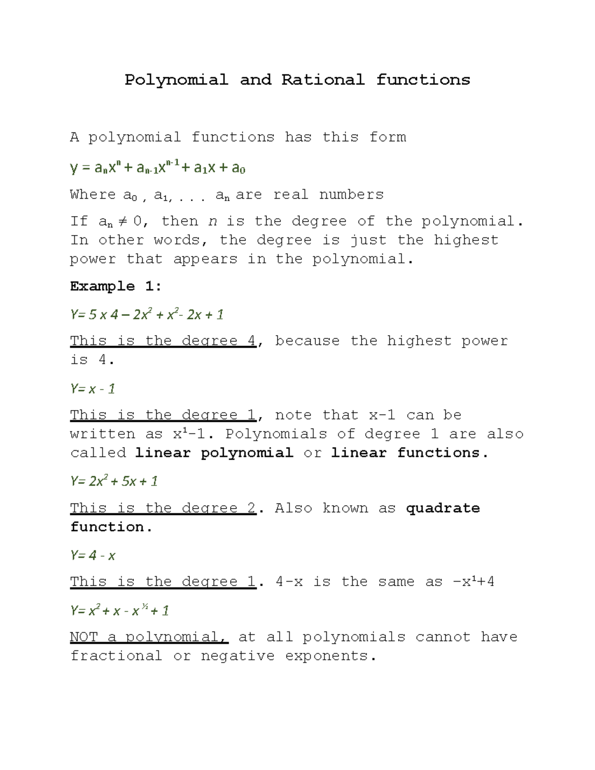 Polynomial And Rational Functions - .. An Are Real Numbers If An ≠ 0 