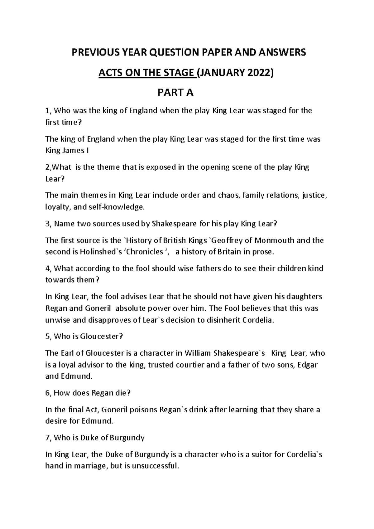 Previous YEAR Question Paper AND Answers - PREVIOUS YEAR QUESTION PAPER ...