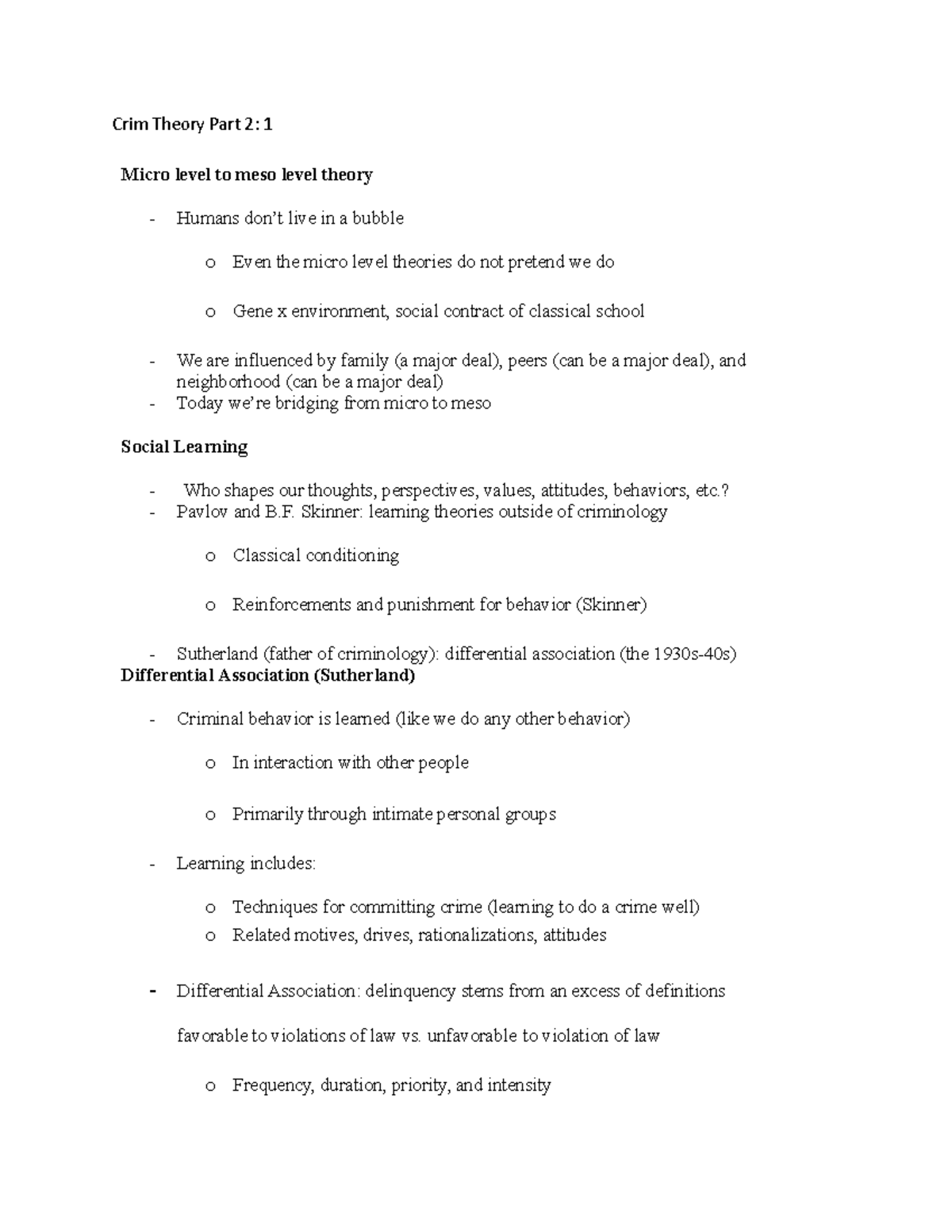 Crim Theory Part 2; 1 - Crim Theory Part 2: 1 Micro level to meso level ...