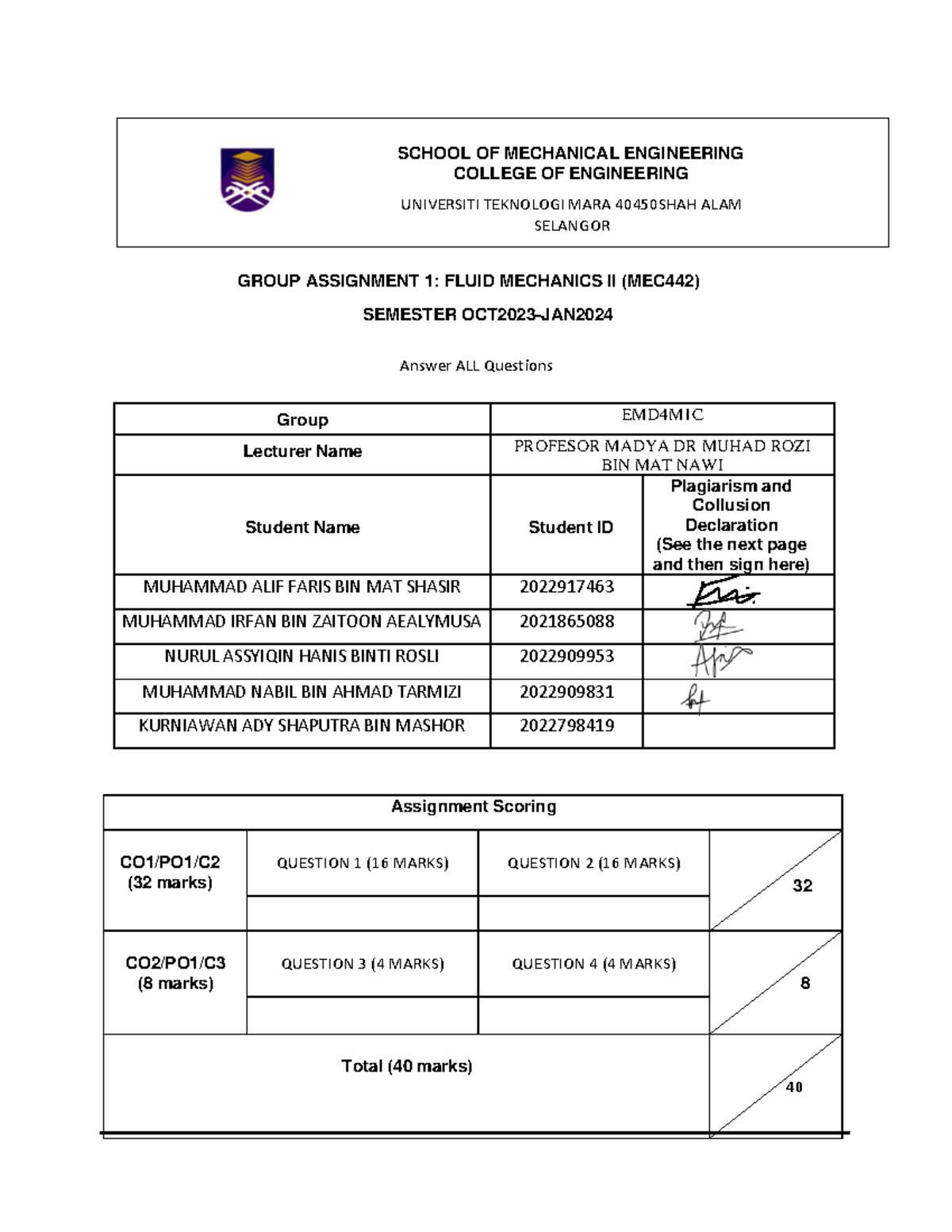 Assignment 1 - MEC442 (Group 2) - GROUP ASSIGNMENT 1: FLUID MECHANICS ...