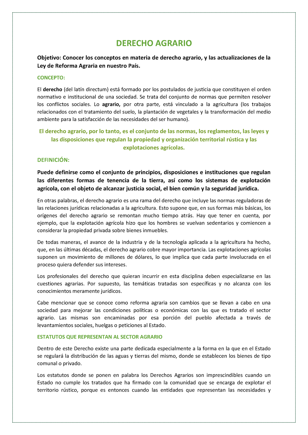 Apuntes De Derecho Agrario - DERECHO AGRARIO Objetivo: Conocer Los ...