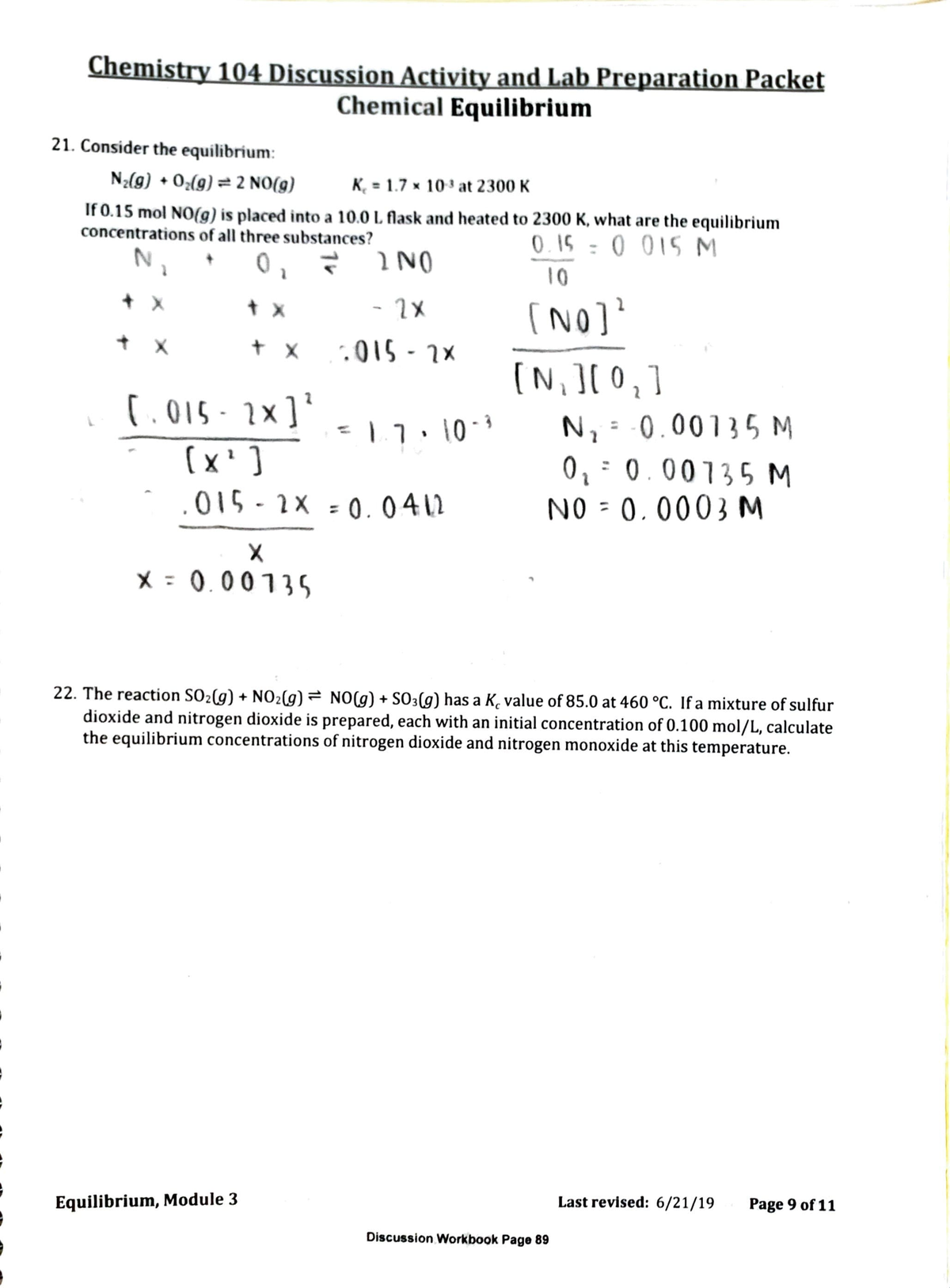 chemical equilibrium homework packet